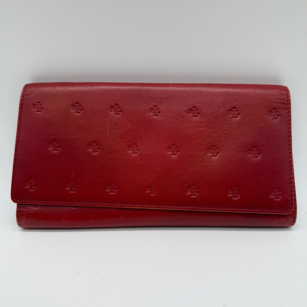 Lauren Ralph Lauren Wallet Womens Red Leather Embossed RL Monogram Slim Flap